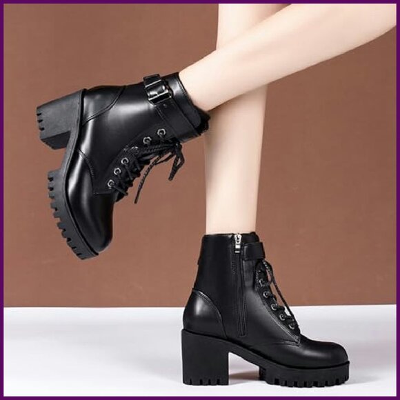 Chunky Heel Combat Boots with Side Zipper, Non-Slip Lug Sole, Buckle Strap - Picture 6 of 7